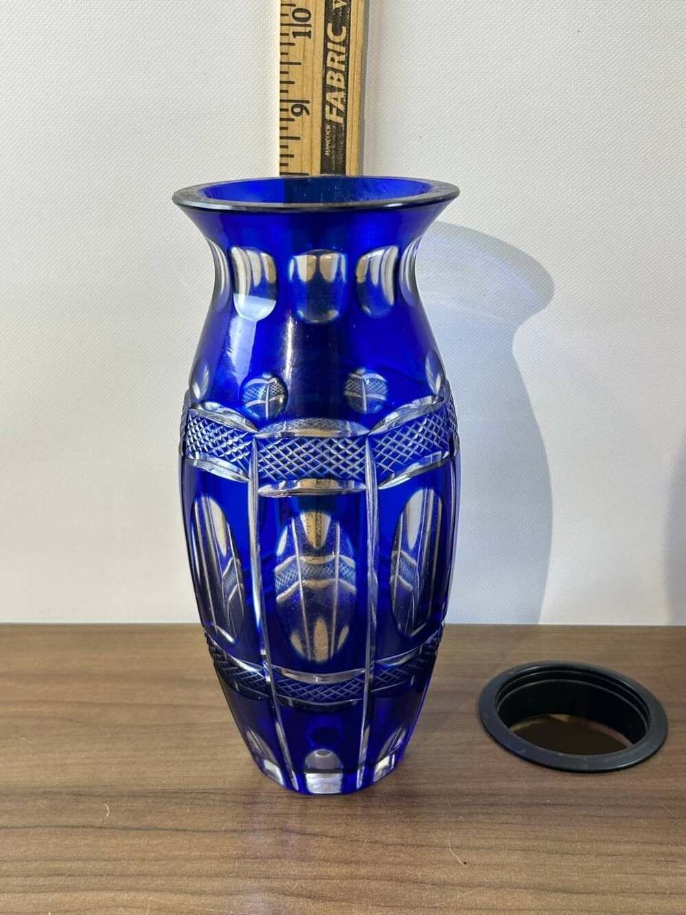 Large Bohemian Cobalt Blue Overlay Cut to Clear Crystal 12" Tall Vase - ,